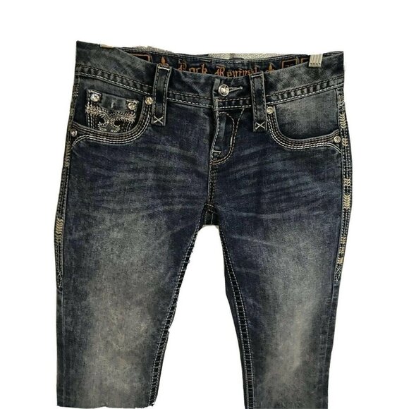 Rock Revival Luz Boot Blue Denim Jeans 25x29 Stretch Leather Flap Pockets Bling - Picture 4 of 11